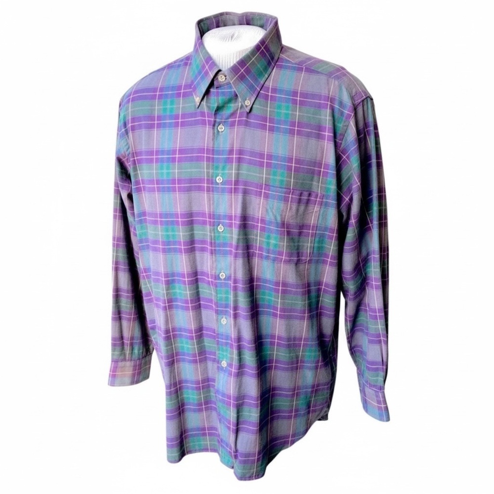 Paul Fredrick Men’s XL Button Down Shirt Purple Green Plaid 100% Cotton